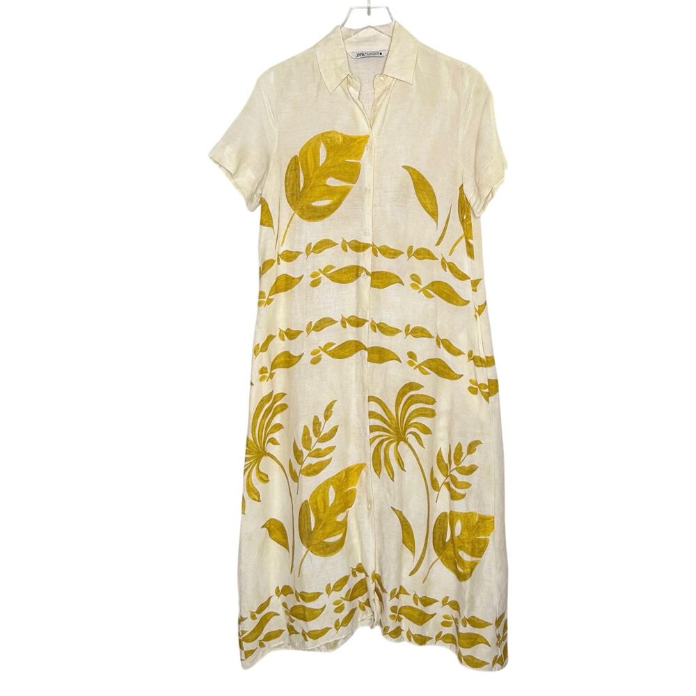 Zara ZW Collection Linen Blend Midi Shirt Dress S Gold Botanical Palm Travel
